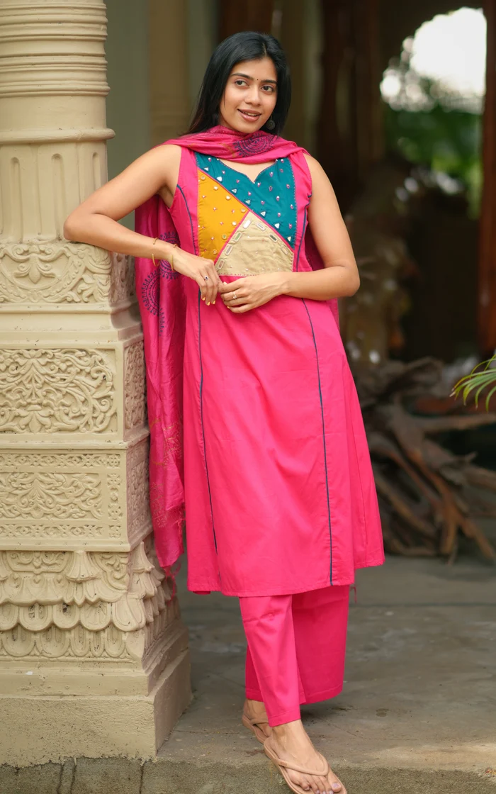 Rani Pink Geometric Embroidered Straight Salwar Set